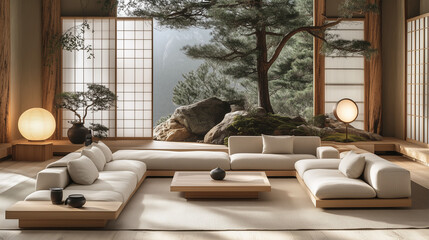 Modern Sunlit Living Room with Minimalist Wooden Sofa & Garden View