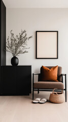 Minimalist living room with a cozy armchair and a large framed print.