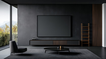 Minimalist living room with a large TV, a comfy armchair, and a sleek coffee table.