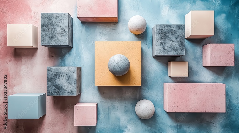 Poster geometric shapes with subtle shadows in soft colors