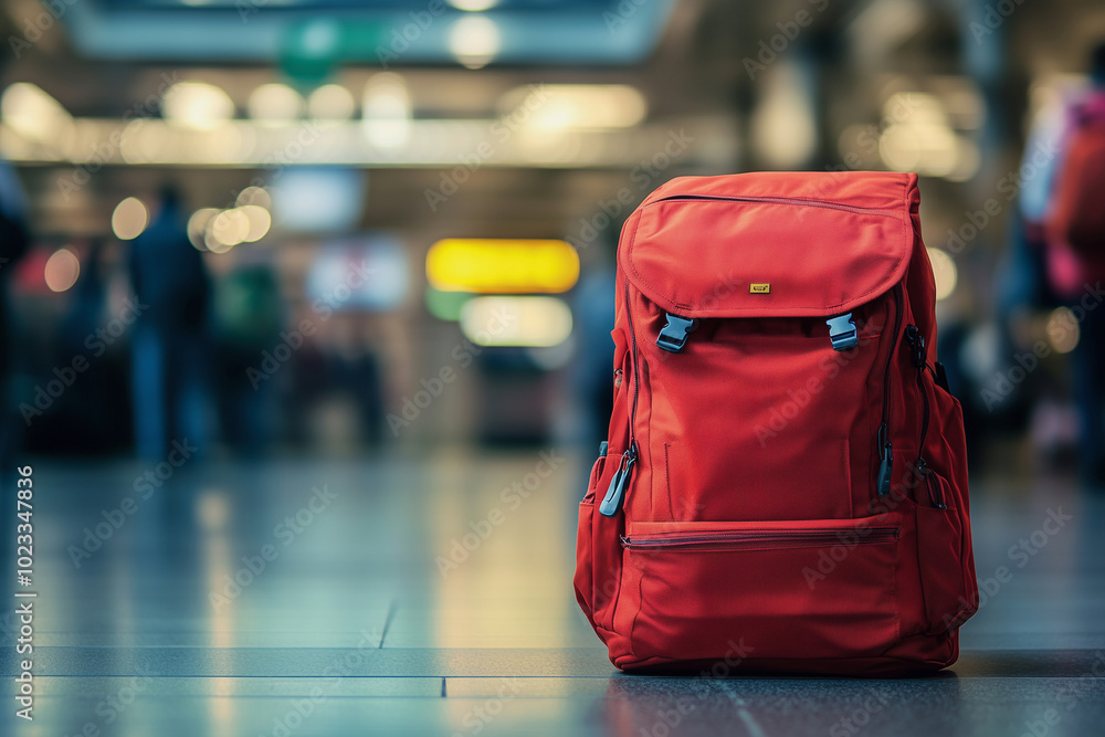 Poster red backpack is sitting on the floor in a large, empty room. the backpack is open and empty, with no