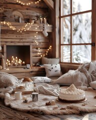 Cozy Winter Birthday Party in a Rustic Cabin with a Snowy Mountain Cake and Warm Blankets