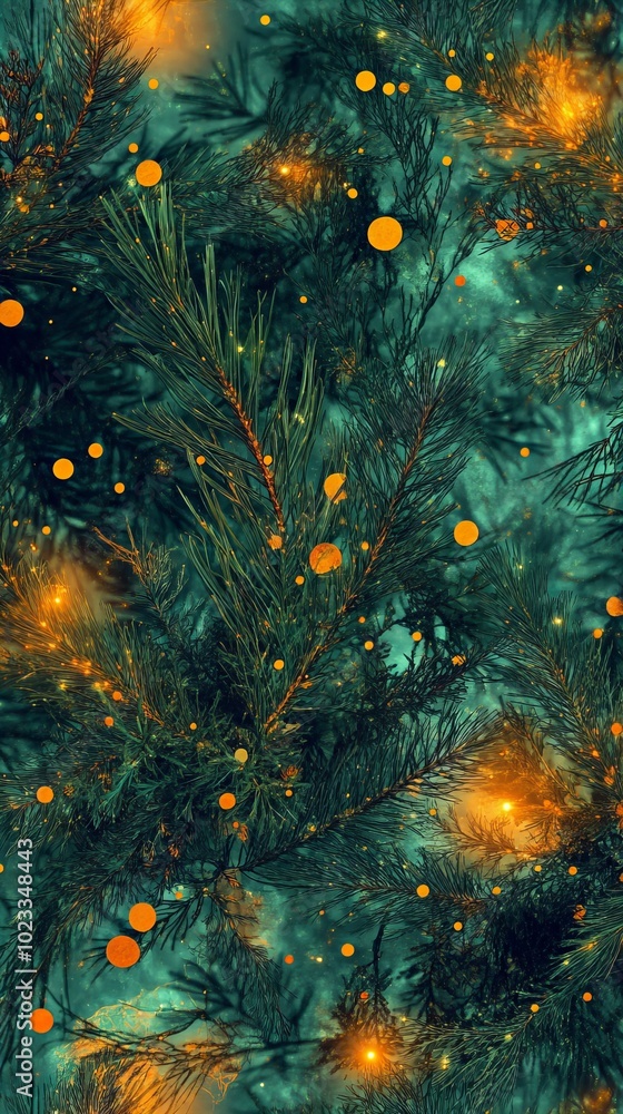 Poster close-up of pine tree branches with bokeh lights.