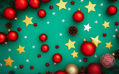 Festive composition, top view, flat lay: Christmas decorations, Christmas tree balls, golden stars and garlands on a green background. Christmas card.