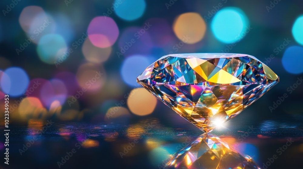 Poster a sparkling diamond on a reflective surface with a colorful bokeh background.