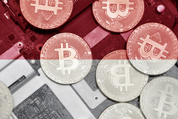flag of indonesia on the bitcoins with computer electronic circuit board background. bitcoin...