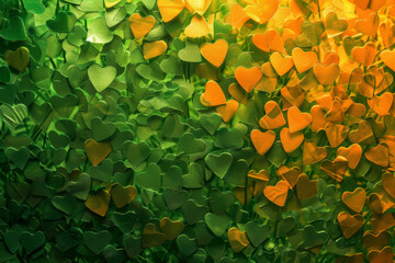 Colorful background of glittery heart shapes various colors. Valentine's Day backdrop. bright array of orange and green hearts on abstract background. Festive wallpaper for birthday, wedding design.