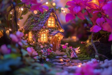 Fototapeta premium A whimsical fairy house nestled among colorful flowers. Soft lights illuminate the charming details and create a magical ambiance. Perfect for decor and storytelling. Generative AI
