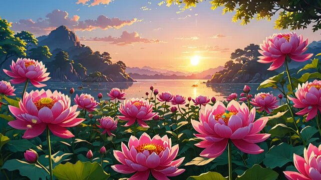 Pink lotus flowers blooming under warm sunrise with mountain reflection on calm lake water. Nature scene  Seamless looping 4k time-lapse animation video background