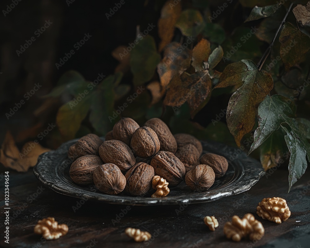 Aufkleber moody composition with nuts in low light setting