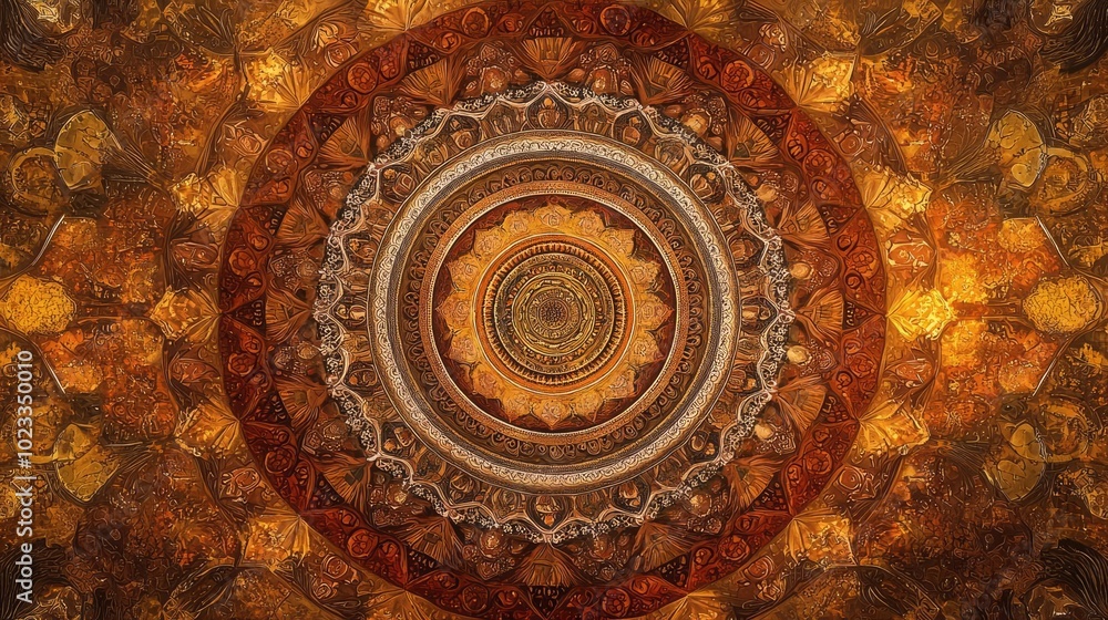 Poster intricate circular design featuring warm tones and detailed patterns, perfect for backgrounds and ar