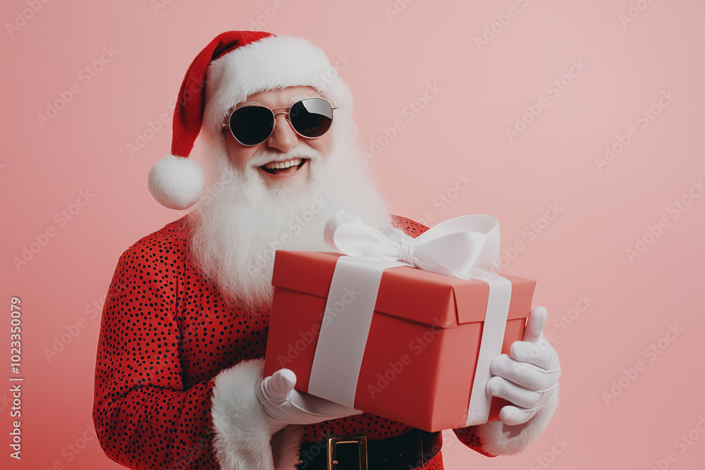 Canvas Prints a smiling santa holding a red box with a bow on it