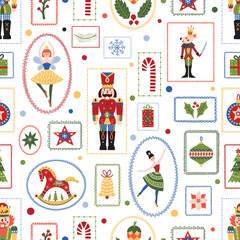 Cute Christmas vector seamless Nutcracker pattern. Can be used for wallpaper, pattern fills, web page background, surface textures.