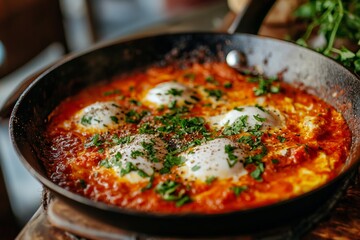 A close-up of eggs cooked in a tomato sauce.