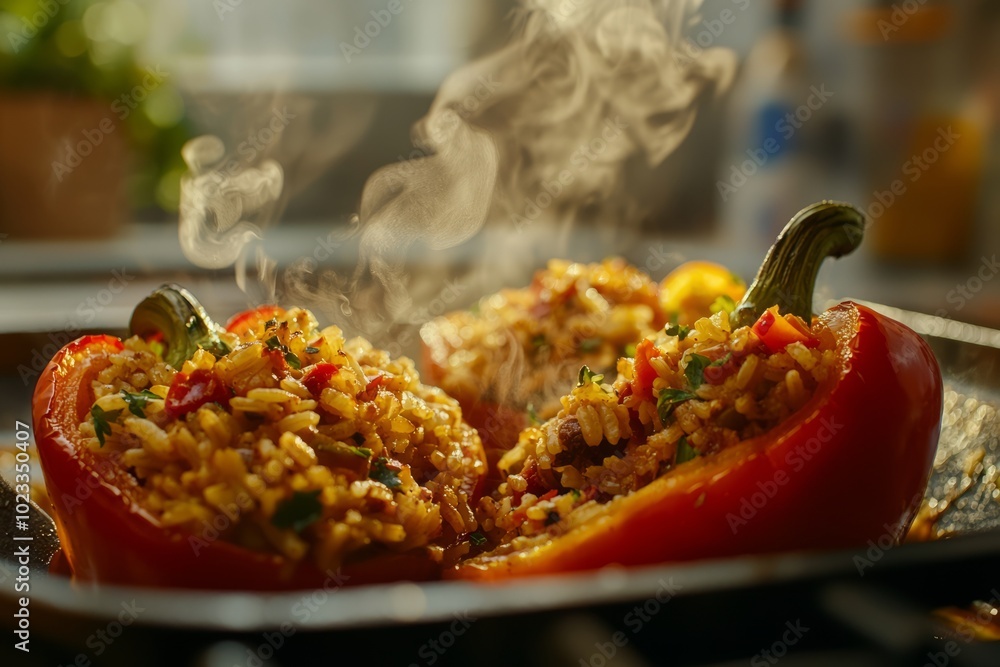 Wall mural close up of two red bell peppers stuffed with rice and herbs.