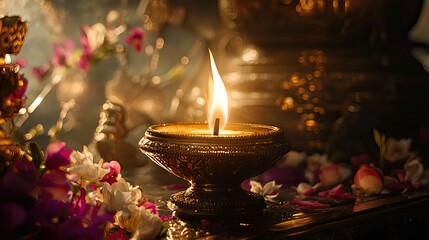 A glowing oil lamp with a vibrant flame, surrounded by flowers, evoking peace and spirituality in a serene setting.