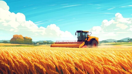 Fototapeta premium A large rice harvester machine efficiently gathering rice in a picturesque rural landscape. Suitable for farming, agriculture, and rural development themes. 