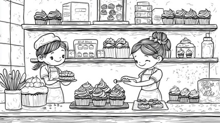 A coloring page of Fun Bakery Scene with Cupcakes and Cookies