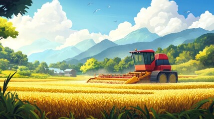Obraz premium A large rice harvester machine efficiently gathering rice in a picturesque rural landscape. Suitable for farming, agriculture, and rural development themes. 