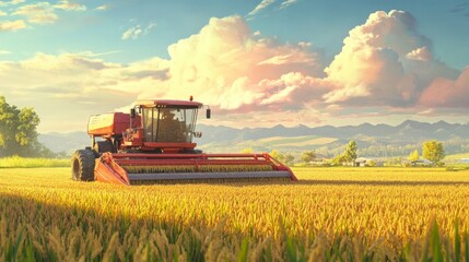 Obraz premium A large rice harvester machine efficiently gathering rice in a picturesque rural landscape. Suitable for farming, agriculture, and rural development themes. 