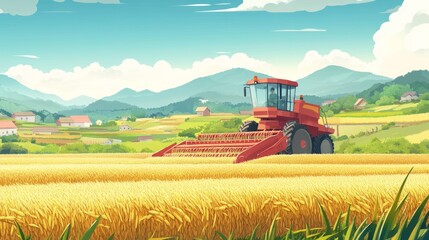 Naklejka premium A large rice harvester machine efficiently gathering rice in a picturesque rural landscape. Suitable for farming, agriculture, and rural development themes. 