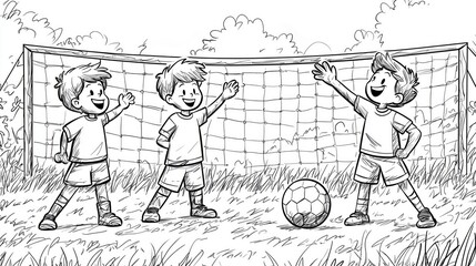 A coloring page of Kids Enjoying Fun Soccer Match on Field