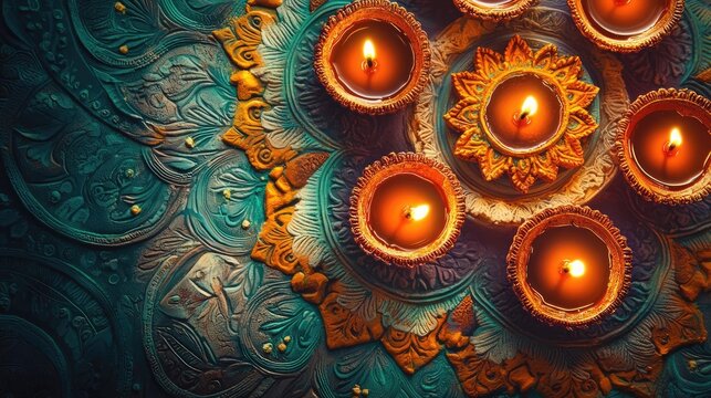 A vibrant arrangement of traditional oil lamps on a decorative background, creating a warm and festive ambiance.