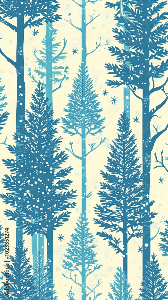 Poster a repeating pattern of blue trees in a snowy forest on a light background.