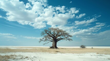 Lone Acacia Tree in Arid African Savannah Landscape under Dramatic Sky