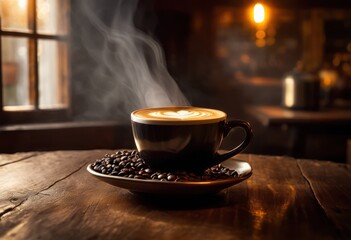 Fototapeta premium freshly steaming coffee cup surrounded rich coffee beans cozy setting, barista, brew, brown, beverage, ceramic, closeup, creamy, design, detail, drink