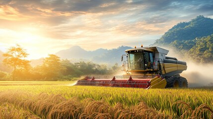 Obraz premium A rural scene showcasing a modern combine harvester at work in a rice field during the harvest season. Perfect for farming technology, rural economy, and food supply chains. 