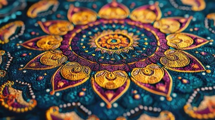 Obraz premium Vibrant mandala pattern with intricate details and rich colors, perfect for art and design inspiration.