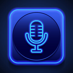 Microphone vector simple icon. Flat design. Blue neon style on button. With shadow