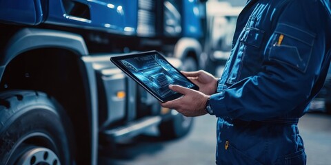 Mechanic Using a Tablet to Inspect a Truck