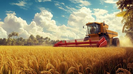 Obraz premium A rural scene showcasing a modern combine harvester at work in a rice field during the harvest season. Perfect for farming technology, rural economy, and food supply chains. 