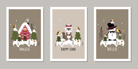 A set of vector illustrations with a festive house, a snowman in a hat and a squirrel with a gift in a winter magical forest and inscriptions for backgrounds, postcards, covers, banners and more.