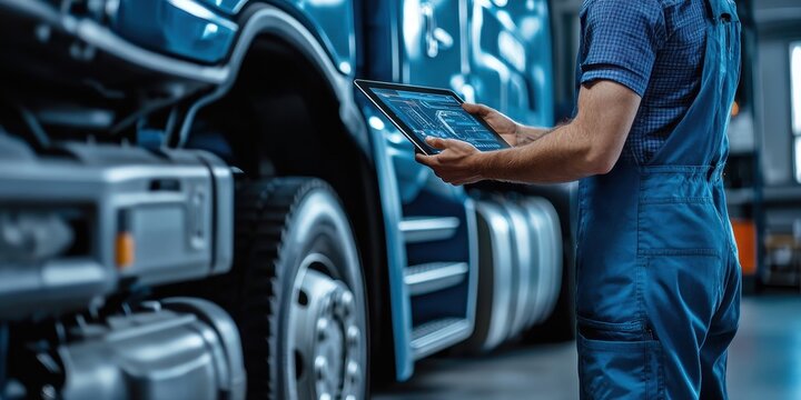 Mechanic Inspecting Semi-Truck with Tablet