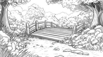 A coloring page of Magical Bridge with Enchanted Creatures and Nature