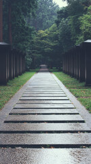 Obraz premium Stone path leading through a lush green forest with stone pillars lining the way.