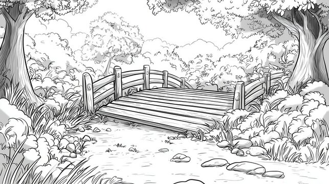 A coloring page of Magical Bridge with Enchanted Creatures and Nature