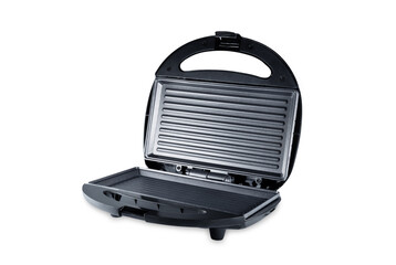 Black and steel sandwich maker on a white isolated background