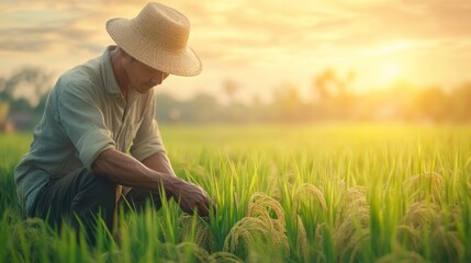 Asian farmer working in the rice field. Man using his hand to examining, planning or analyze on rice plant after planting. Agriculture business concept. 