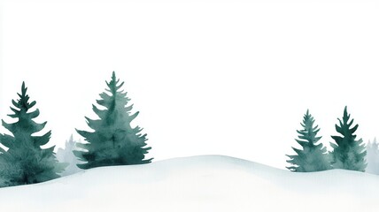 Obraz premium A serene watercolor landscape featuring evergreen trees set against a minimalistic, white background, evoking winter tranquility.