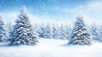 Fototapeta premium Beautiful snow-covered pine trees in a peaceful winter landscape. Ideal for seasonal, holiday, or outdoor adventure themes. 