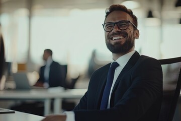 Fototapeta premium A Smiling Businessman Enjoying Success in a Modern Office During a Productive Day of Work With Colleagues in the Background