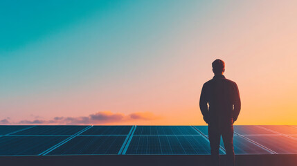 A man stands before a field of solar panels at sunset.