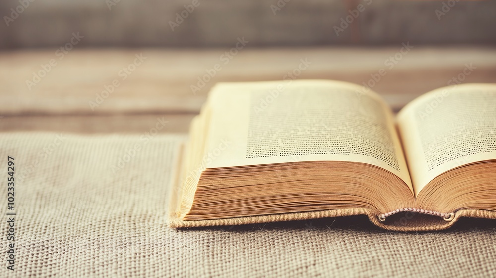 Poster open book on rustic table with soft lighting