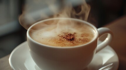 Close-up of a steaming cup of coffee in a cozy, inviting cafÃ©. Suitable for lifestyle, relaxation, and hospitality-related content. 