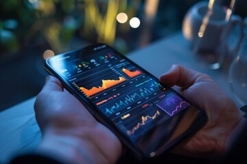 Hands holding smartphone displaying dynamic financial charts