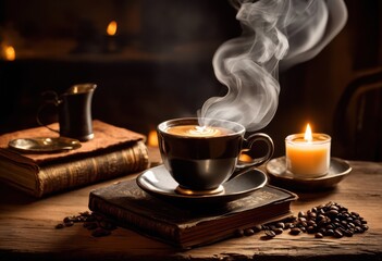Fototapeta premium steam billowing gracefully from freshly poured hot coffee cup surrounded cozy table decor, aroma, beverage, brown, cafe, caffeine, closeup, cups, design